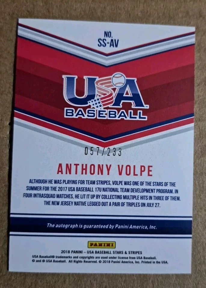 2018 Panini USA Baseball Stars & Stripes ANTHONY VOLPE #SS-AV, /233 Yanks - Image 2 of 2