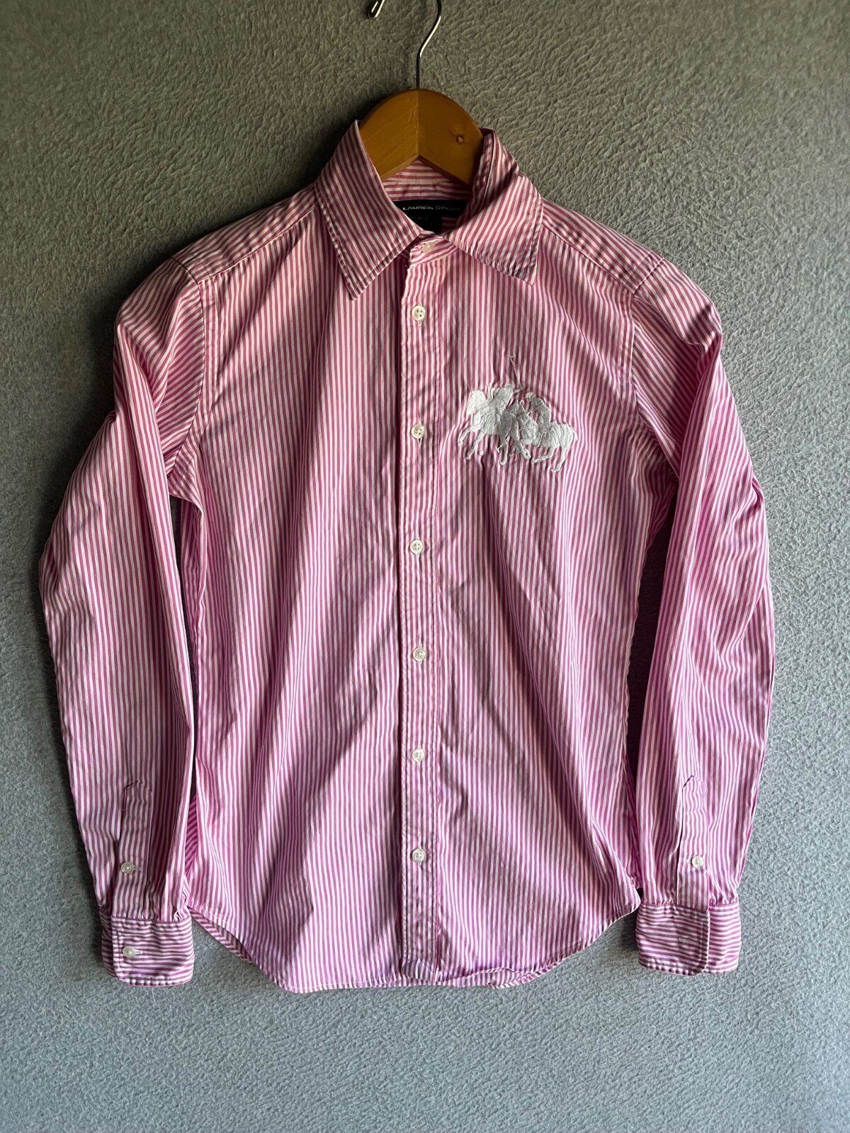 VTG Ralph Lauren Sport Shirt Womens 2 Pink Striped Big Polo Pony Embroidered