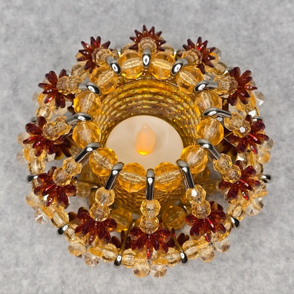 Vintage Amber Colors Mid Century Safety Pin and Beads Tea Light Candle Holder - Image 3 of 4