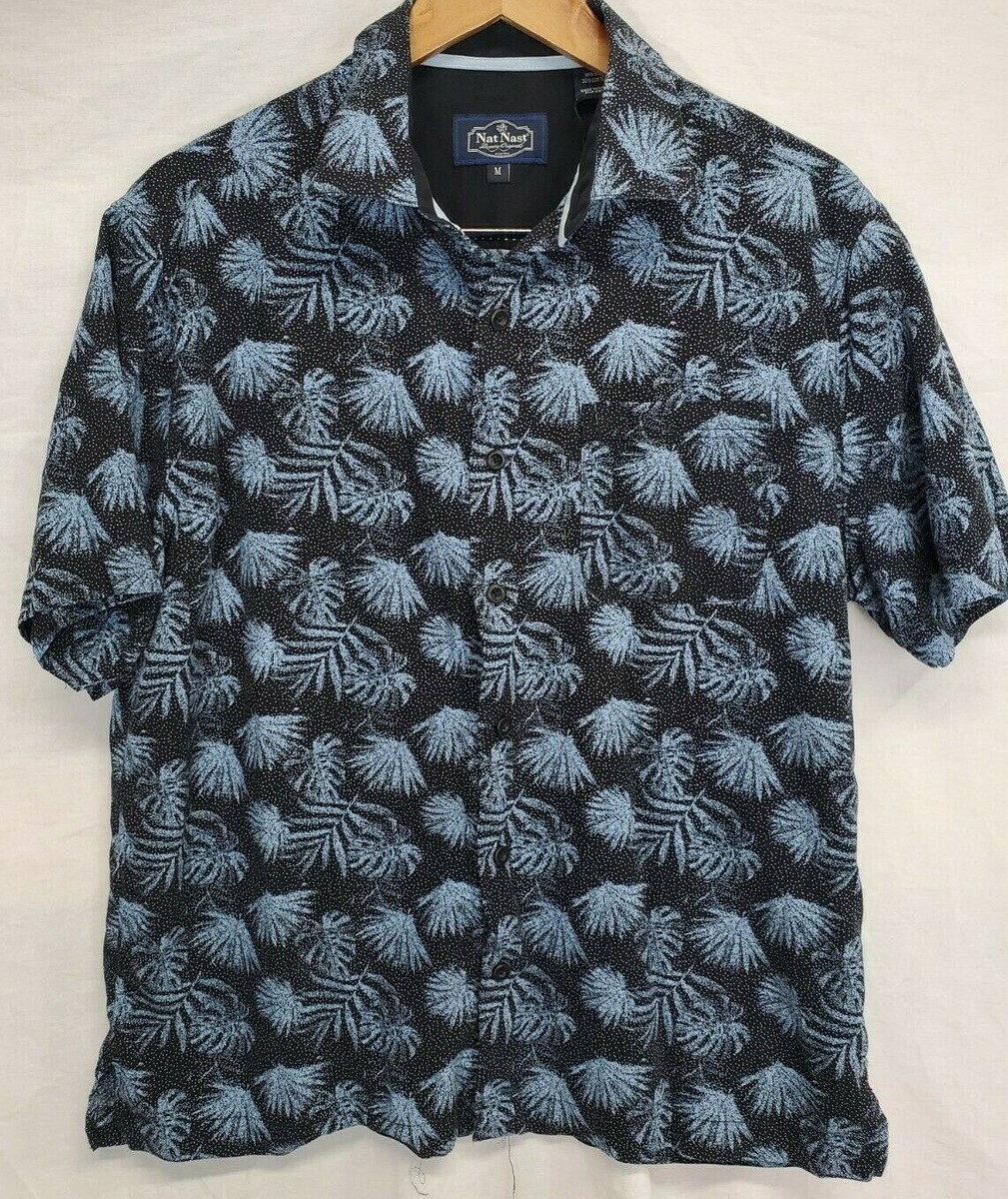 Nat Nast Shirt Size M Blue Navy Floral Tropical Leaf Print Button
