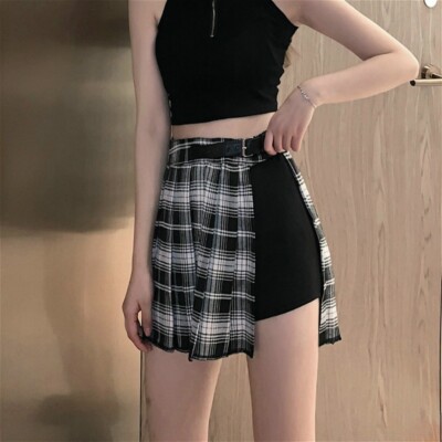 Lady Check Plaid Pleated Short Mini Skirt Punk Irregular A-Line