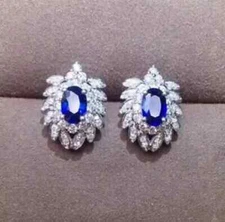2Ct lab created Sapphire Push Back Flower Stud Earrings 14K White Gold Finish