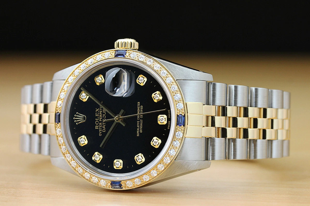 ROLEX MENS DATEJUST 2 TONE 18K YELLOW GOLD DIAMOND SAPPHIRE WATCH
