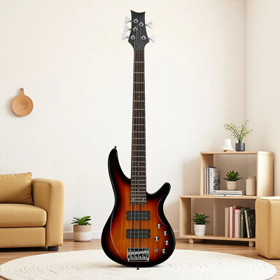 5-String Beginner P-Style Electric Bass Guitar Set-Sunburst Full Size HH Pickups