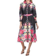 Dalia MacPhee Dress  Black Pink Floral Button-Front Long Sleeve midi Size Small