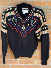 Vintage Obermeyer Wool Blend Ski Sweater Black Multi-Color Women’s Size S