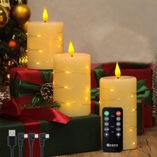 Rechargeable Flameless Candle, Flickering LED Pillar Real Wax Candle with Fairy