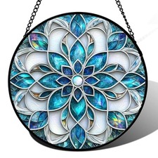 Stained Glass Window Hanging - Blue White Abstract 9.8x9.8 IN Blue Pruple
