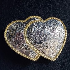 Western Double Heart Belt Buckle Gold Silver Tone Engraved Floral Rose Cowgirl