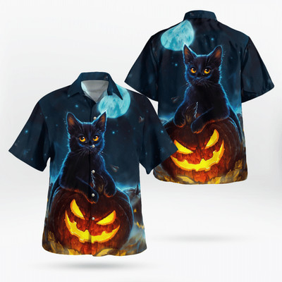 Starry Night Fullmoon Black Cat Spooky Pumpkin Halloween Hawaiian Shirt F