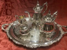VNTG WALLACE BAROQUE Silverplate 5 pc Tea Coffee Set and Large Tray