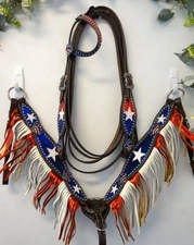 Med Oil 1 Ear Metallic Fringe Flag STARS Red White Blue Headstall Breastplate