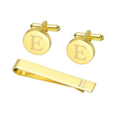 Cuff Links, Tie Clip and Cufflink Set for Men, Letter E(Gold Tone)