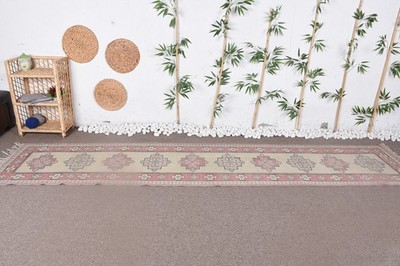Vintage Turkish Rug, 2,6x12,2 ft Runner Rug, Beige Red Ikat Wool Rug
