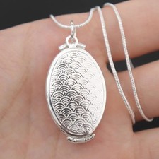 New 925 Sterling silver Large Oval Carved Open Photo Locket+Chain set