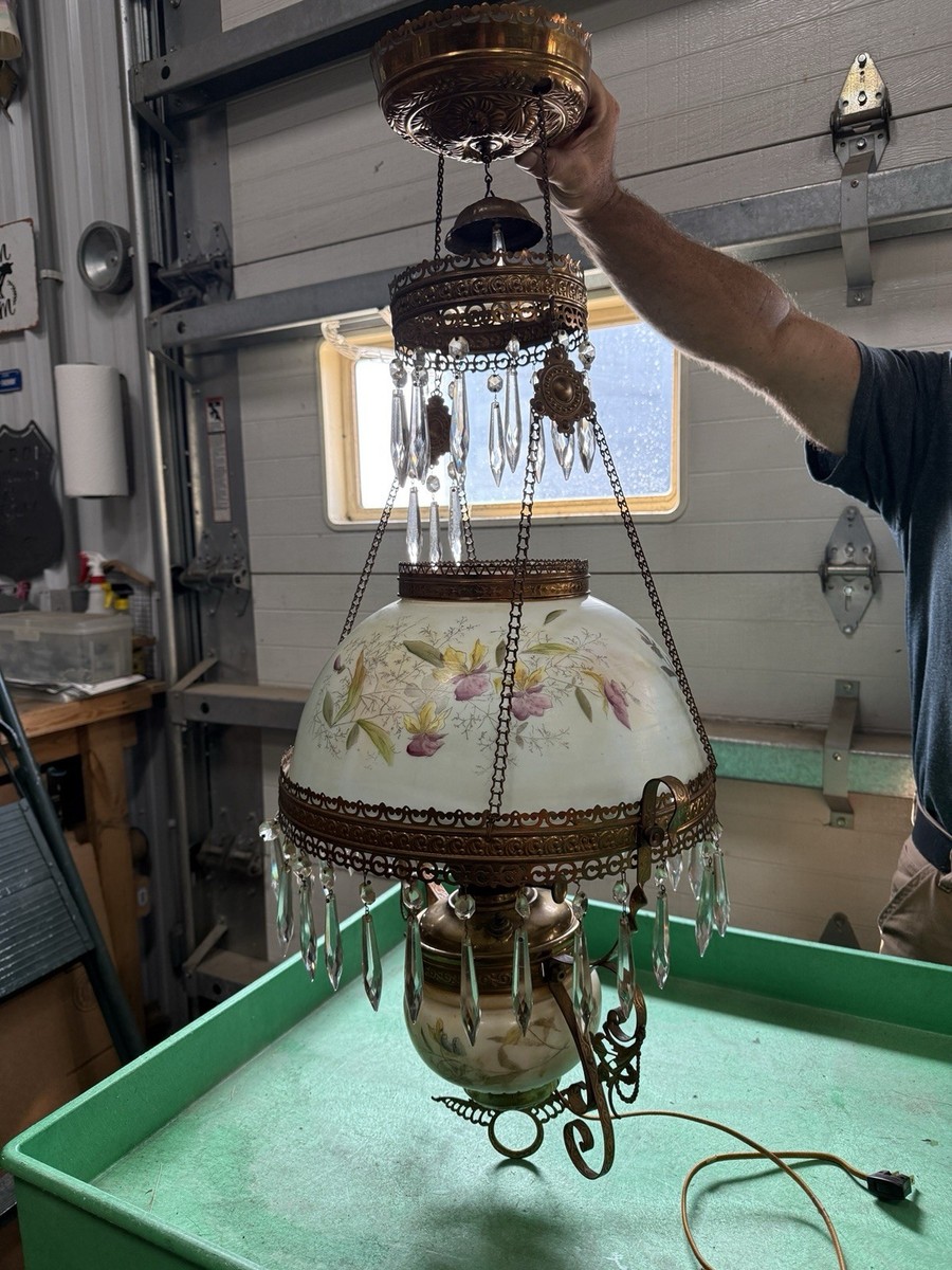 Antique Victorian Brass Parlor Library Oil Lamp Chandelier Hanging