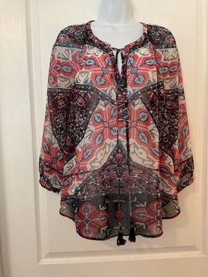 Daniel Rainn Multicolor Sheer Peasant Top Women's PXL Long Sleeve Tie Neck -B11