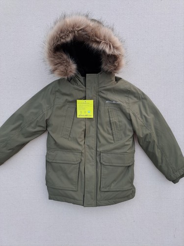 Eddie Bauer Kids Down Parka Boys Size XS 5/6 Olive Green Faux Fur Hood Jacket