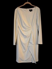 Adrianna Papell Dress Size 10P In White/Ivory, Long Sleeve Asymmetrical Ruch