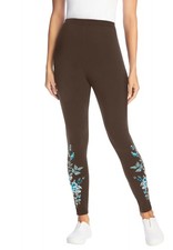 Woman Within Plus Size Petite Stretch-Cotton Knit Pull-On Embroidered Leggings