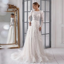Elegant Wedding Dress Long Sleeves Lace Applqiue Sweep Train A Line Bridal Gown