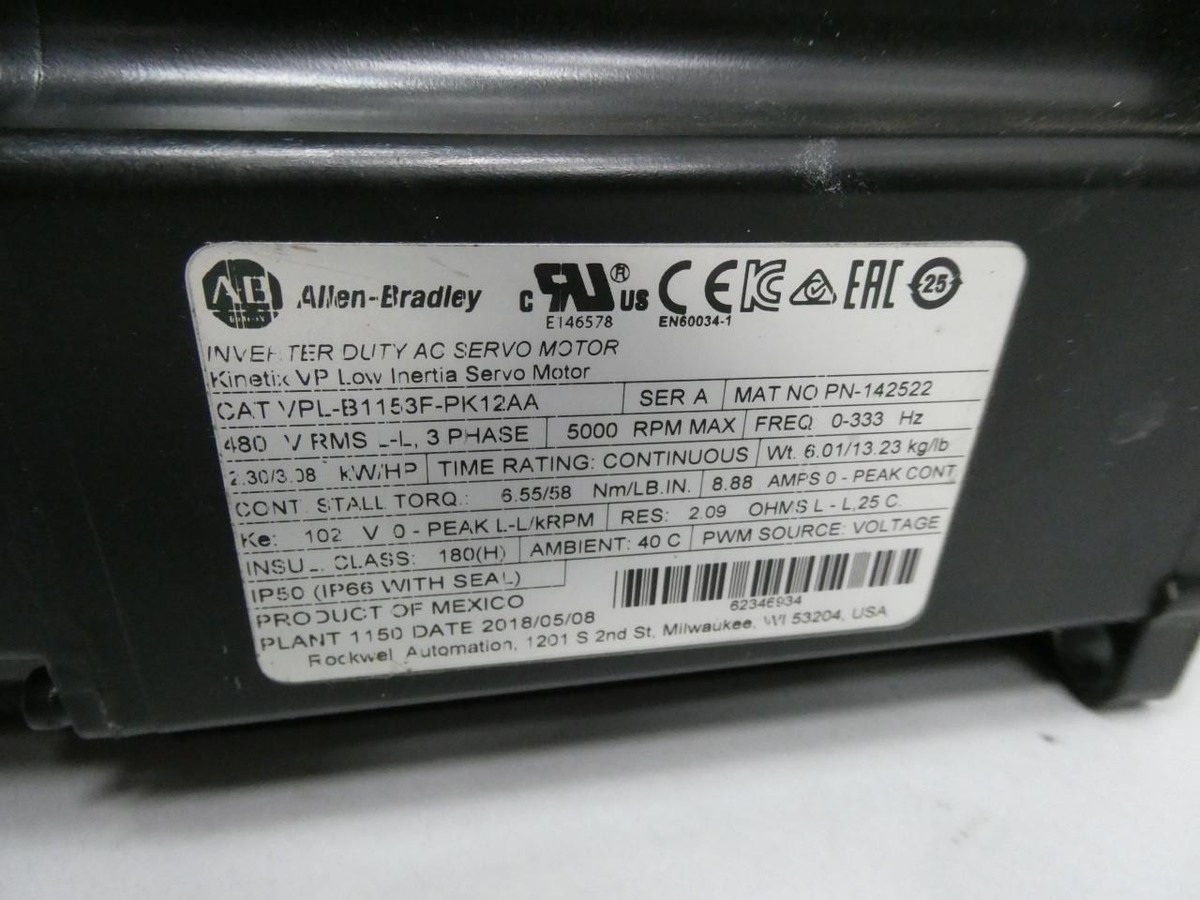 Allen Bradley VPL-B1153F-PK12AA Servo Motor 3ph 3.08hp Allen Bradley VPL-B1153F-PK12AA Servo Motor 3ph 3.08hp