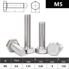 M5 5mmØ SET SCREWS HEXAGON HEAD FULLY THREADED METRIC BOLTS A2 STAINLESS STEEL