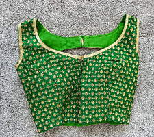 Women Green & Gold Brocade Choli Blouse Top Back Hook Closure