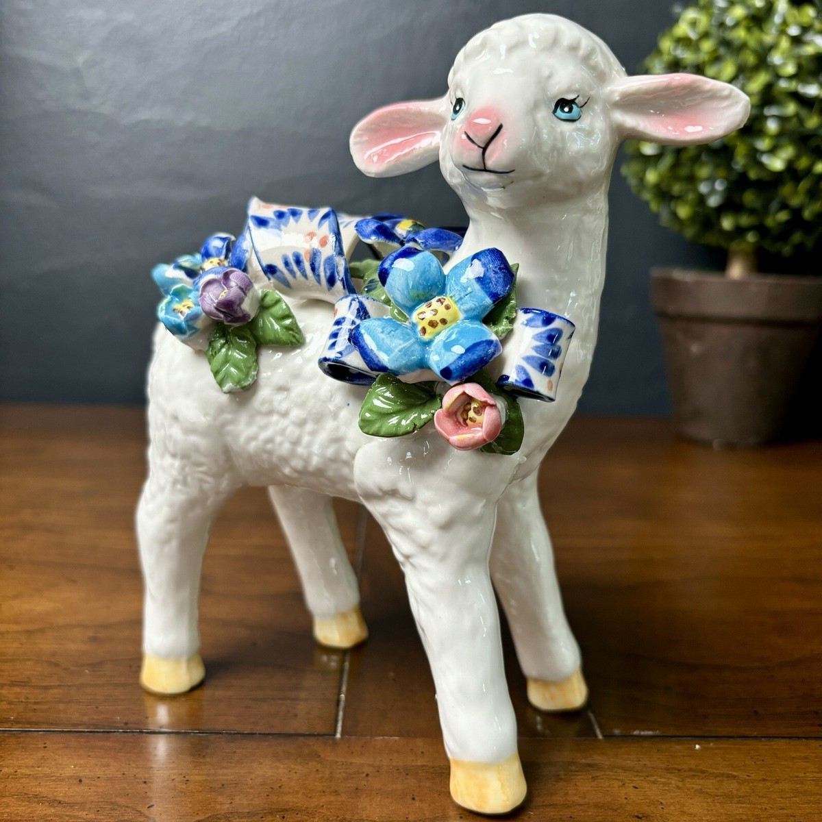 Porcelain LAMB Figurine Hand-Painted Flowers Easter Capodimonte
