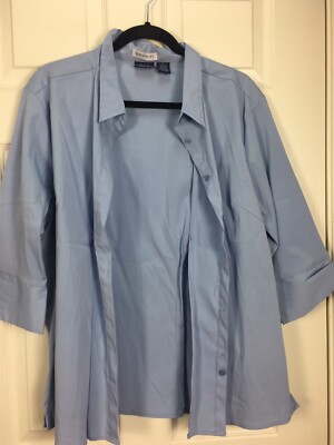 DCC Woman Plus 2X Light Blue Stretch Covered Button 3/4 Sleeve Blouse Top