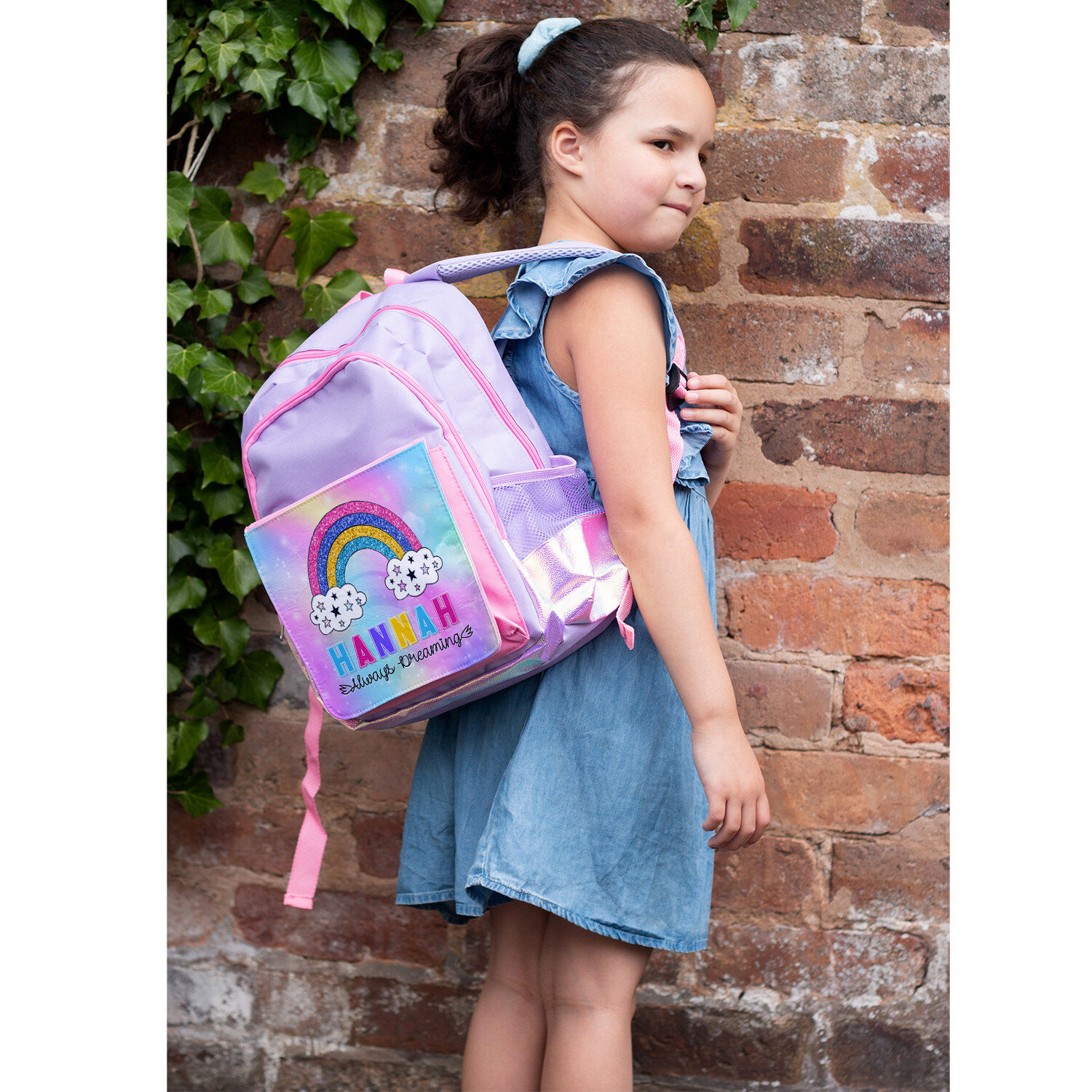Personalised Girls Backpack Rainbow School Bag Childrens Purple
