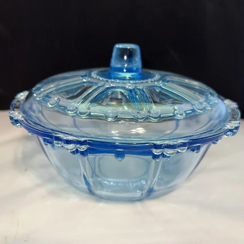 Vintage KIG Oyster & Pearl Light Blue Depression Glass Covered Candy Bowl Dish