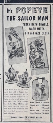 Popeye Washing 1958 newspaper ad for Popeye the Sailor Man towels, wash mitts, bib ...