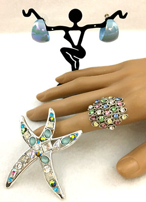 Star Fish Pendant Earrings Iridescent Loop Ring Multi Rhinestones SilverTone AB