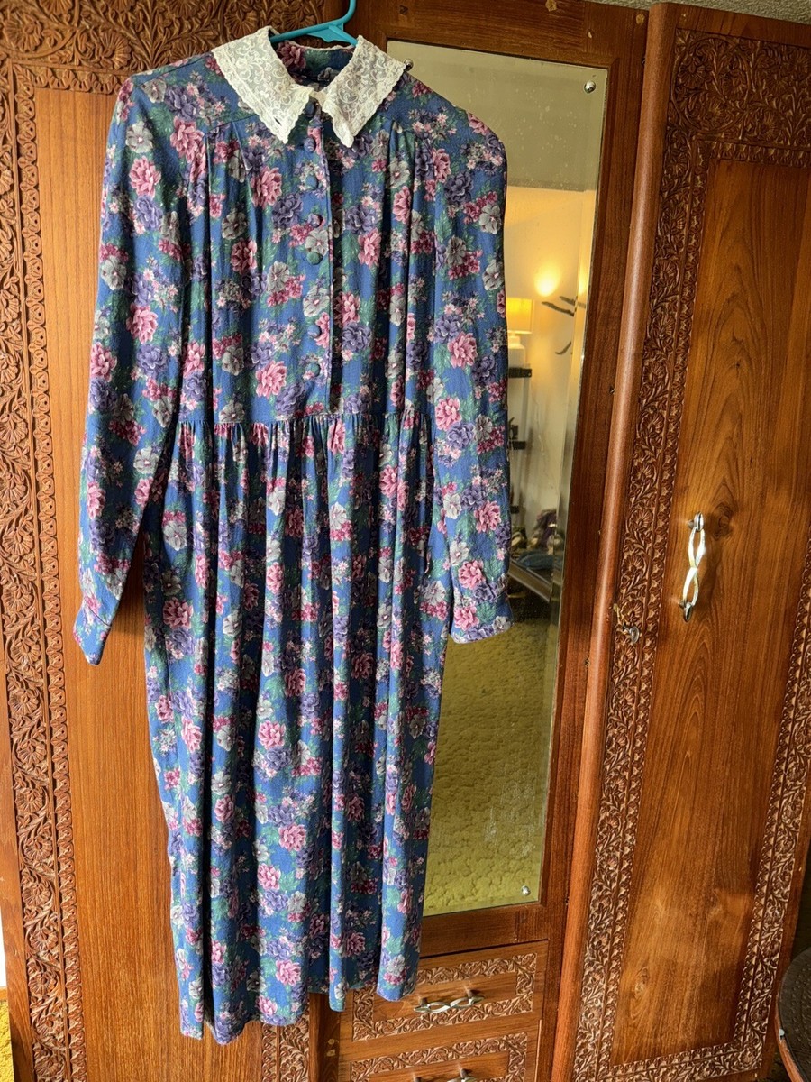Laura Ashley VTG Country Dress Long Slv Lace Collar Prairie Floral