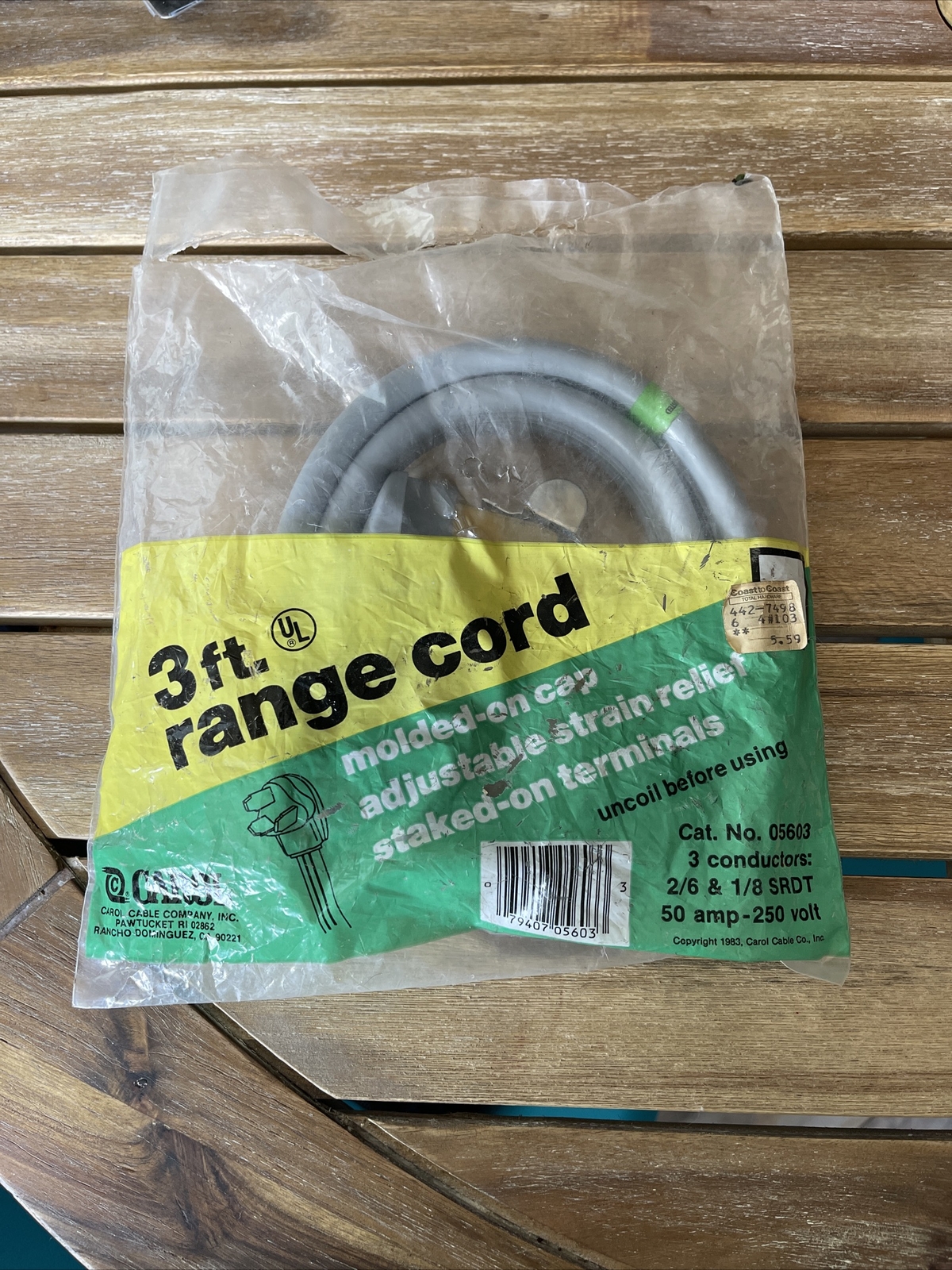 Carol 3 Ft Range Cord  3 Prong Wire 50 Amp - 250 Volt  Old Stock in package
