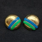 Monet Blue Green Enamel Round Button Earrings Pierced Vintage costume Jewelry
