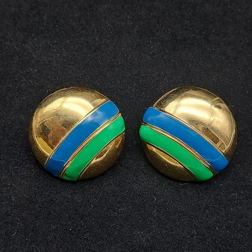 Monet Blue Green Enamel Round Button Earrings Pierced Vintage costume Jewelry