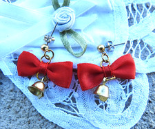 Vintage Christmas Holiday Red Bows with Dangling Bells Pierced Earrings