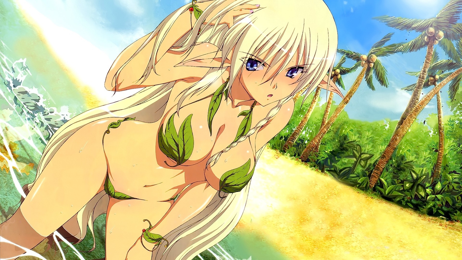 Anime girls long hair pointy ears bikini looking at Playmat Gaming Mat Desk