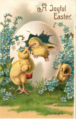Early 1900s Joyful Easter Birds Kissing Hatching Cute Vintage Postcard