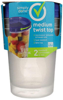 2 Plastic STORAGE CONTAINERS +2 LIDS Medium Quart size 32 oz BPA FREE Twist Top