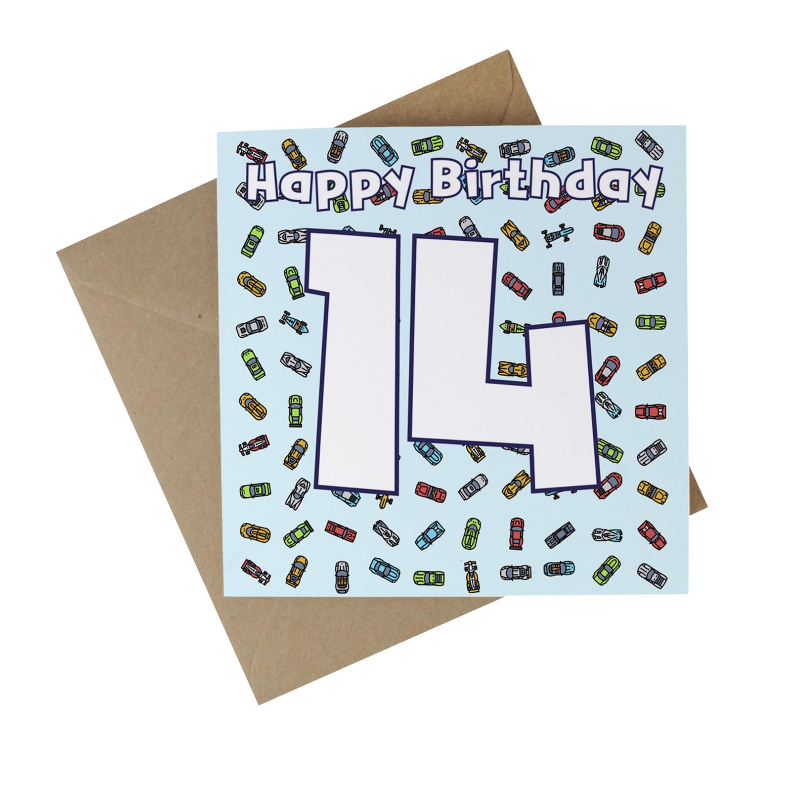 Race Cars 14th Birthday Recycled Paper Age Card - Eco-Friendly Greetings Card