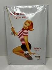 Retro metal sign 12 x 8 inches -Blonde Pin Up - Catch me if you can! Germany