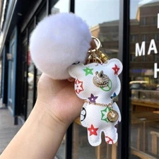 Luxury Car KeyChain White Bear Keychain with Pom Pom and Strap Best Gift for Her