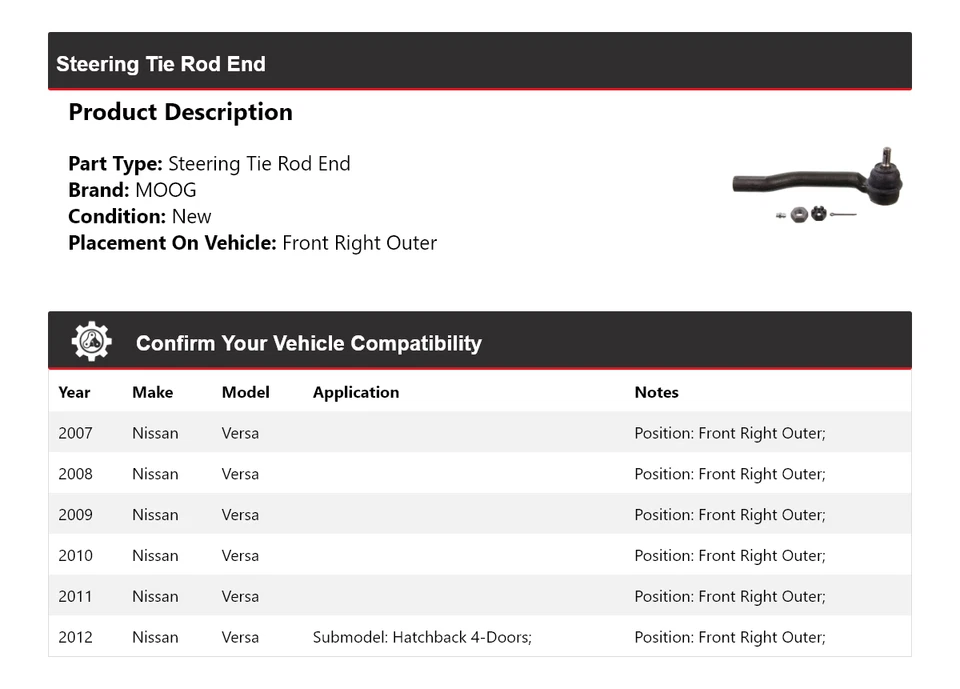 Extremo de barra de dirección delantero derecho exterior MOOG 2007-2012 Nissan Versa 2007 2008 Foto 2 de 4