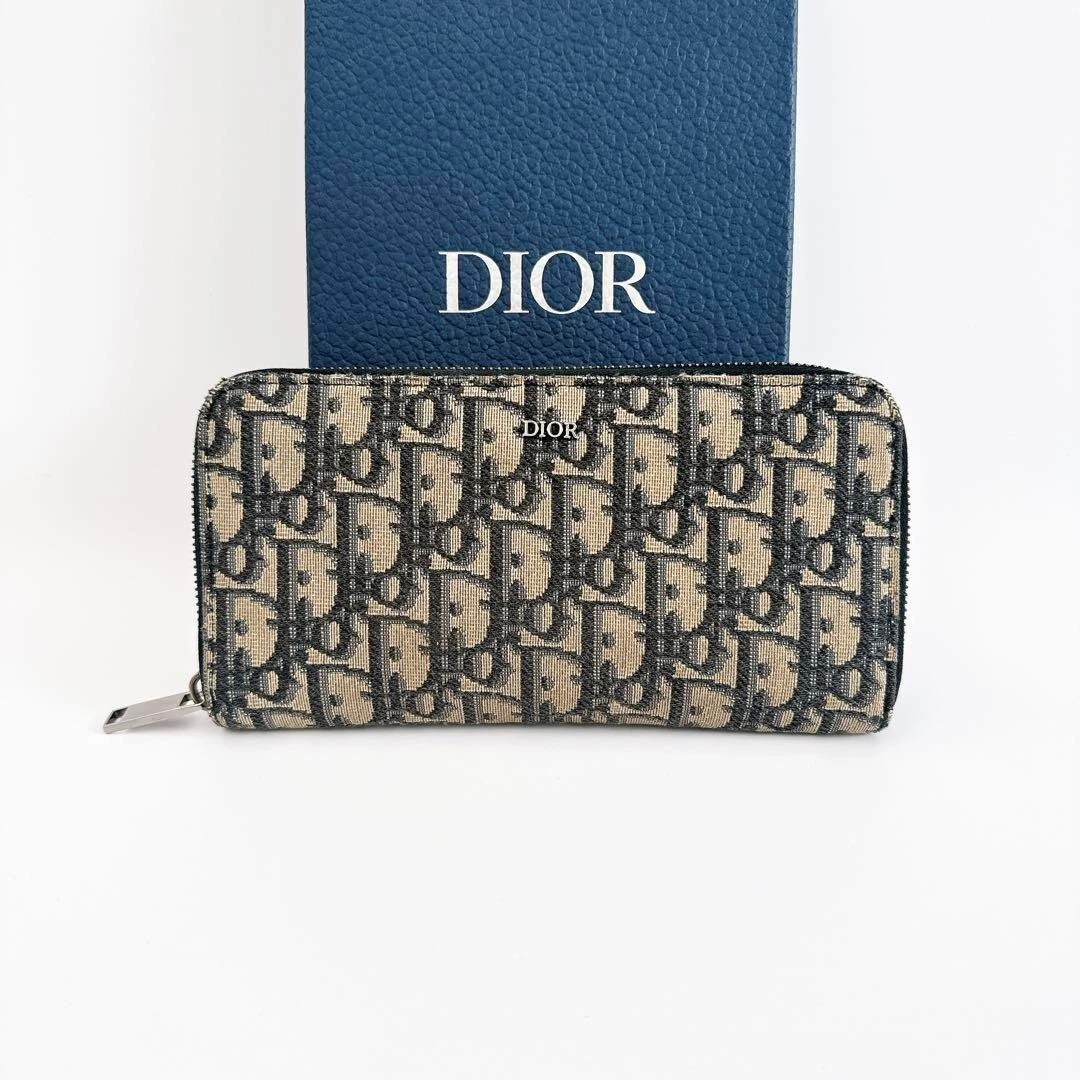 Authentique ️Christian Dior portefeuille long oblique fermeture éclair ronde marine du Japon