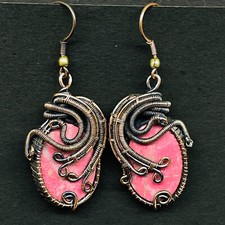 Natural Rhodonite Gemstone Copper Wire Wrapped Handcrafted Earrings 43x20mm