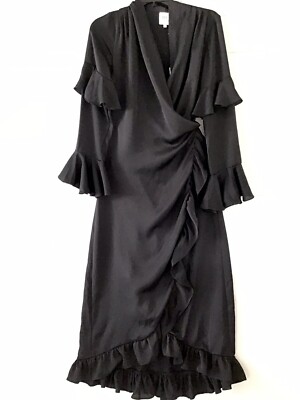 Misa Los Angeles Black Pink Satin Wrap Midi Dress XS NWT