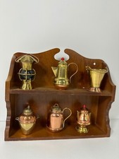 VTG Miniatures Copper Brass Tea Pots Kettles Lantern with wood Shelf SWEET 